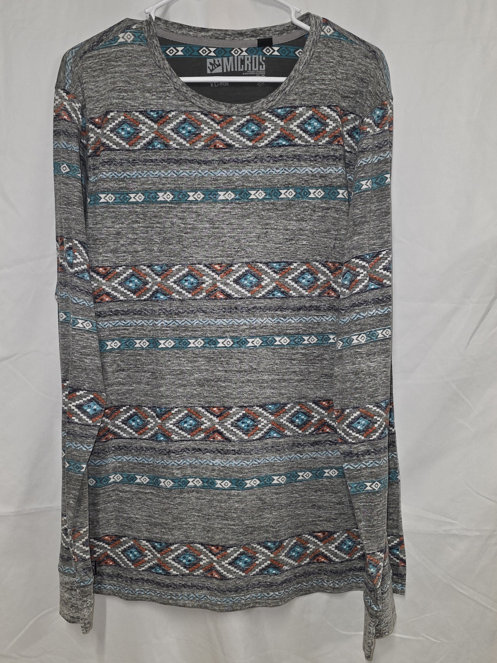 Micros Grey Top with Turquoise and Rust Aztec Motif